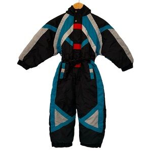 VTG 1980s Kids Ski Snow Suit Belted Hood Apparatus Color Block Unisex Size 6